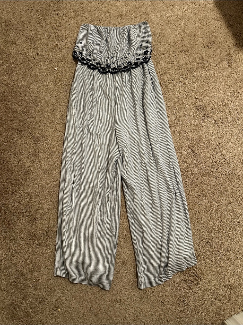 Striped Strapless Wide-Leg Jumpsuit with Embroidered Ruffle
